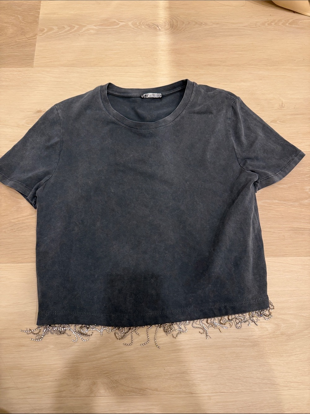 Zara Washed Black Cropped Tee with Beaded Fringe